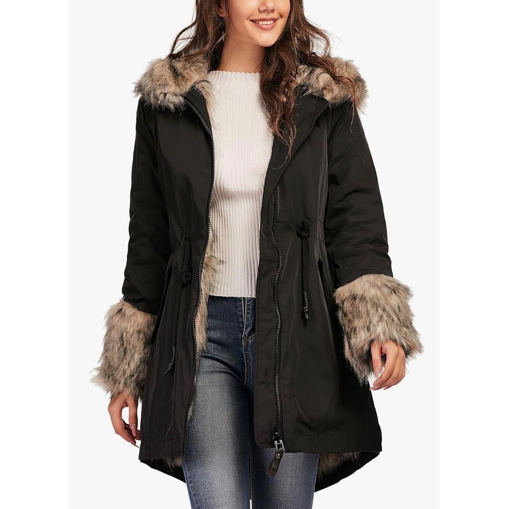 Modern Penny Lane Reversible Black Hooded Parka Jacket Faux Fur Trim Large